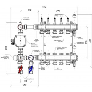 Rozdzielacz mosiężny z grupą mieszającą do podłogówki  